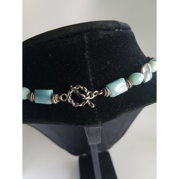 HAND MADE ABALONE PEARLS LIGHT BLUE STONE SILVER TONE NECKLACE 15" gorgeous - Picture 4 of 11